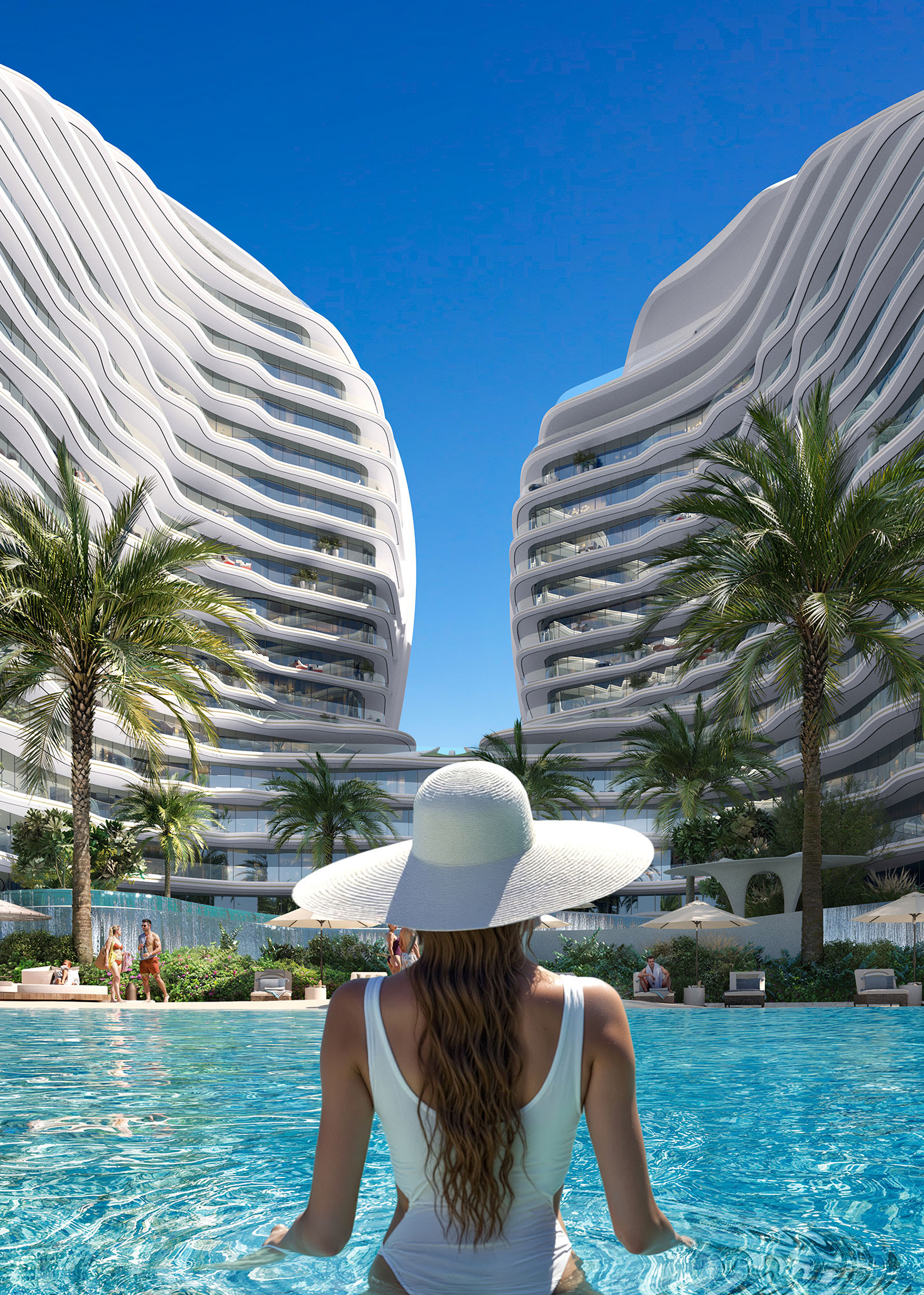 Poolside view of Oystra towers